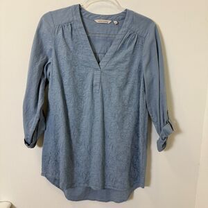 Soft Surroundings Blue Linen Blend Embroidered Tunic Top Size Small